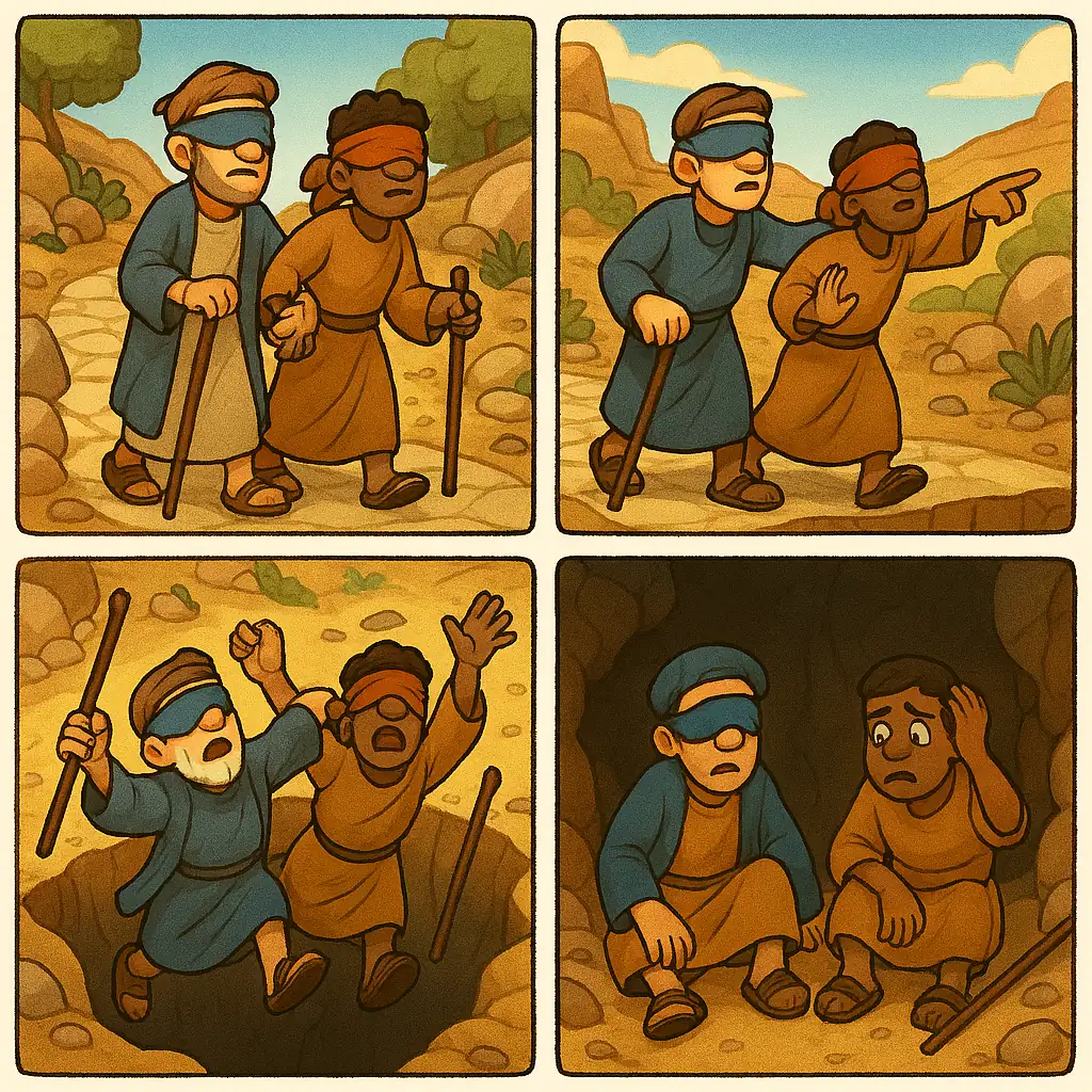 Illustration of two blind people where one is trying to lead the other