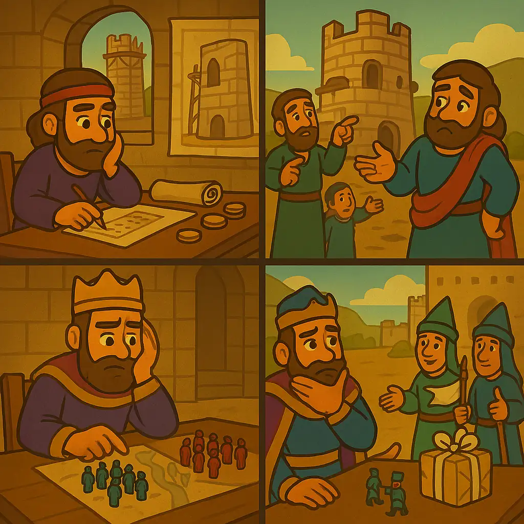 Illustration of a person planning a tower and a king planning for battle
