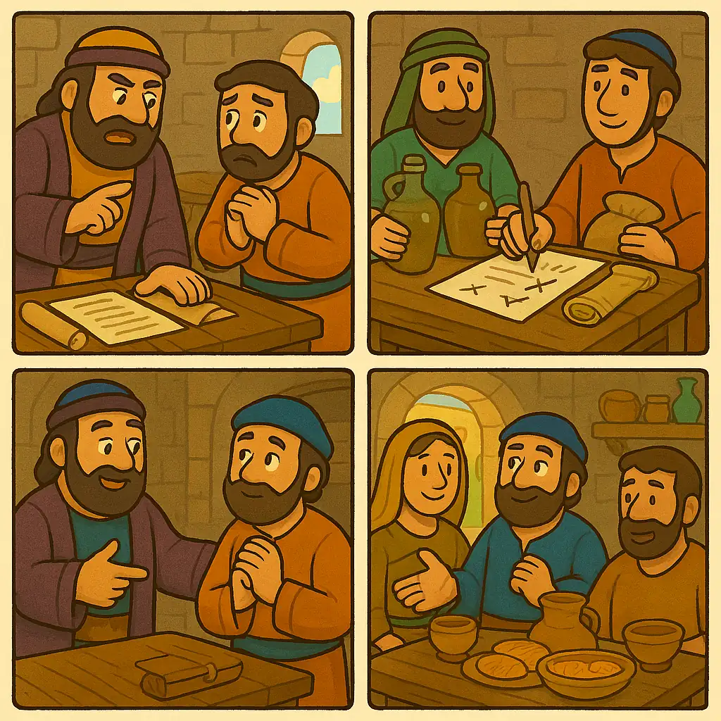 Illustration of a manager reducing debts owed to his master