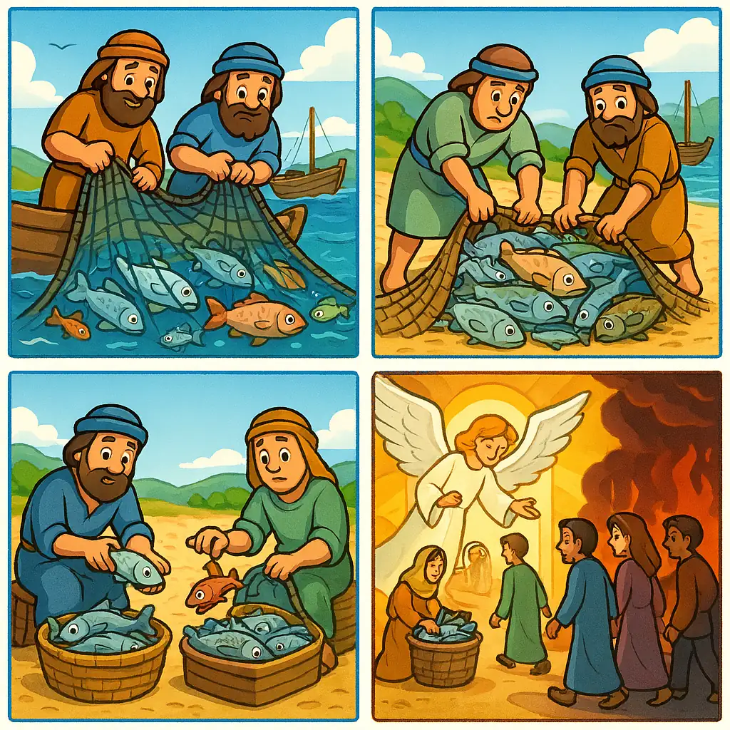 Illustration of fishermen sorting good fish from bad after a catch