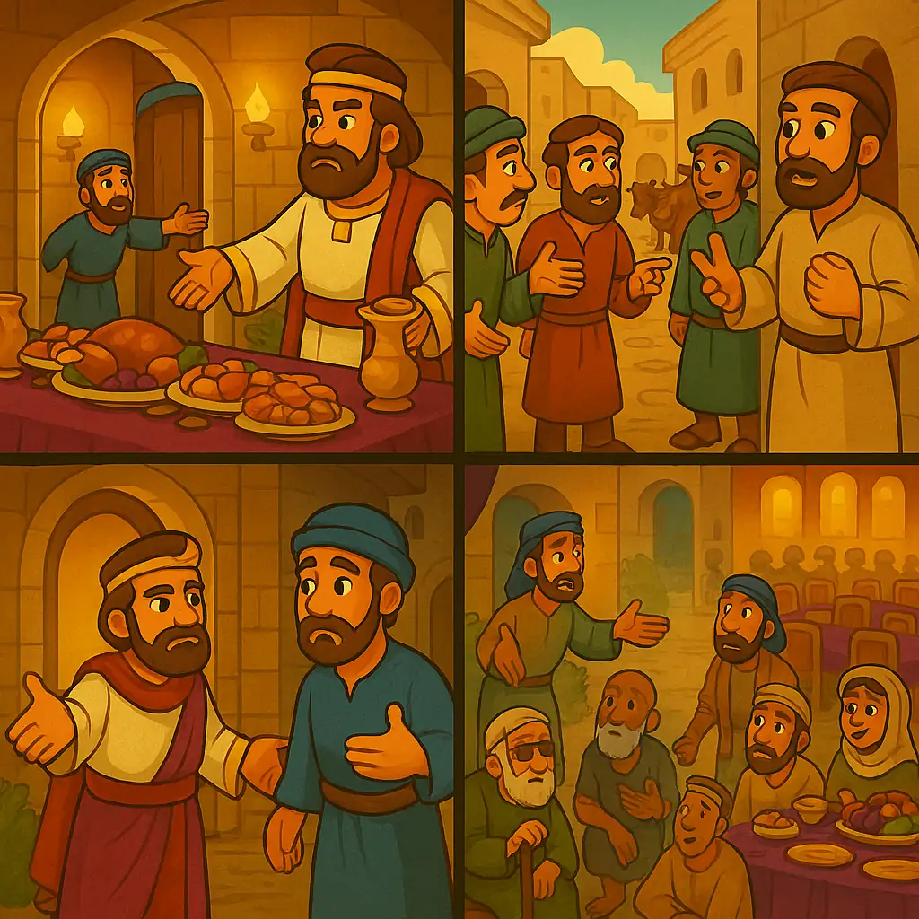 Illustration of a grand feast with empty seats and servants inviting new guests